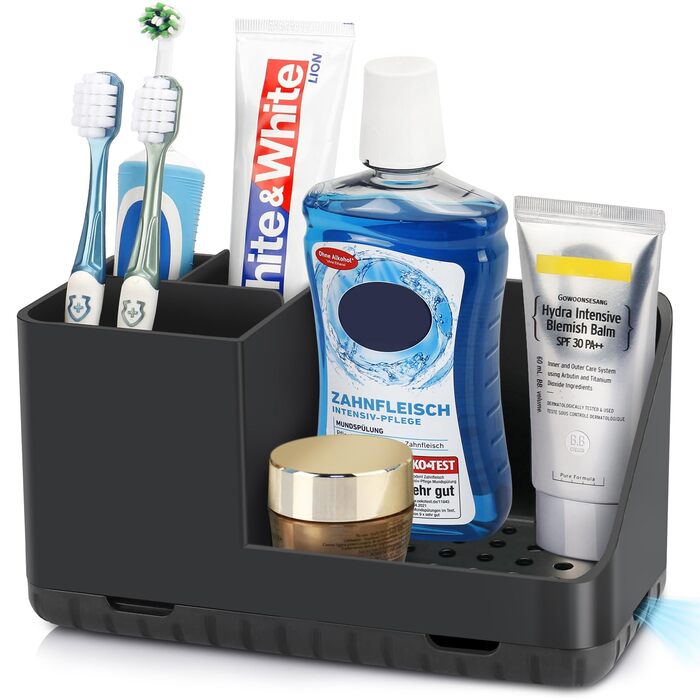 Тримач для зубних щіток у ванну кімнату: органайзер для електричної та звичайної зубної щітки з отвором для стоку води (сірий, чорний)