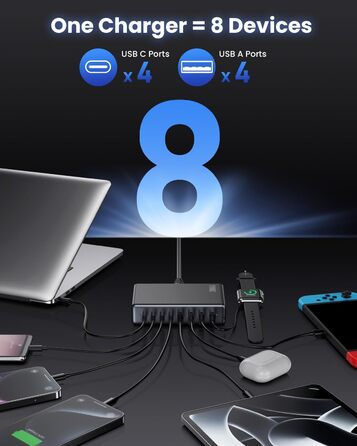 Мережевий адаптер USB-C 200W 8-в-1 GaN III з QC4.0, PPS, PD 65W для MacBook Pro/Air, iPad, iPhone, Samsung, Steam Deck, чорний