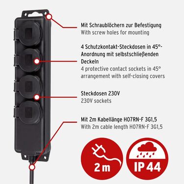 Розподільник розеток Brennenstuhl IP44, 4-фазний, 2м кабель, для будівництва та зовнішнього використання, чорний