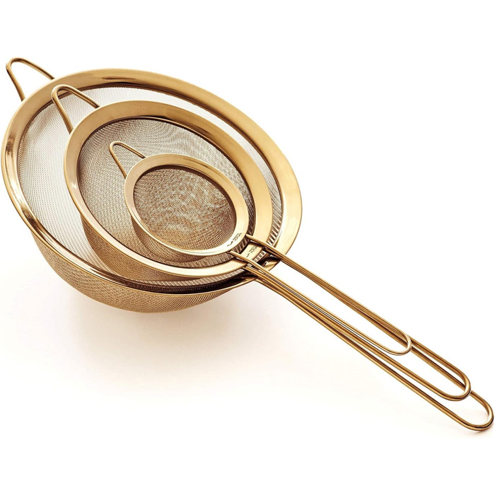 Proto Future High-Quality Kitchen Sieves Set, Fine Mesh - 8.5/14/20cm - Premium 304 Stainless Steel - Durable Sieves in Golden Color, Sieve Set for the Kitchen