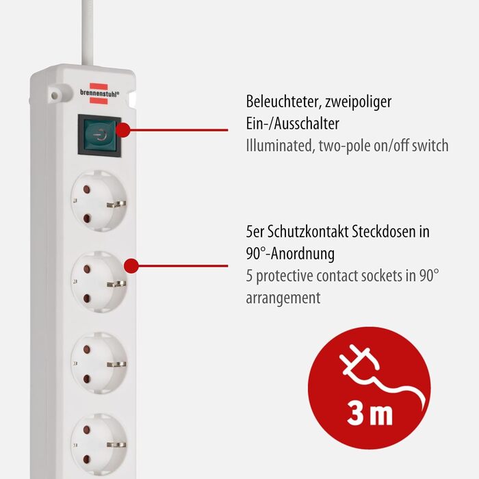 Смуга розеток Brennenstuhl Bremounta з USB-зарядкою (5 розеток, вимикач, для кріплення на стіну, 2x та 3м кабель, білий)