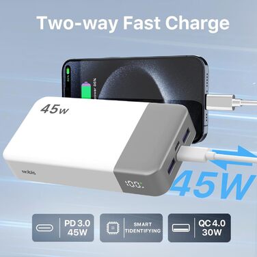 Повербанк NOBIS Power Bank 20000mAh 45W з цифровим дисплеєм та кабелем USB-C, швидка зарядка для смартфонів, планшетів та ноутбуків (Білий)