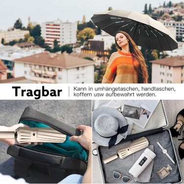 Стійкий до вітру парасолька-тростина, автоматичний, великий, 16 ребер, тефлонове покриття, захист від УФ, бежевий