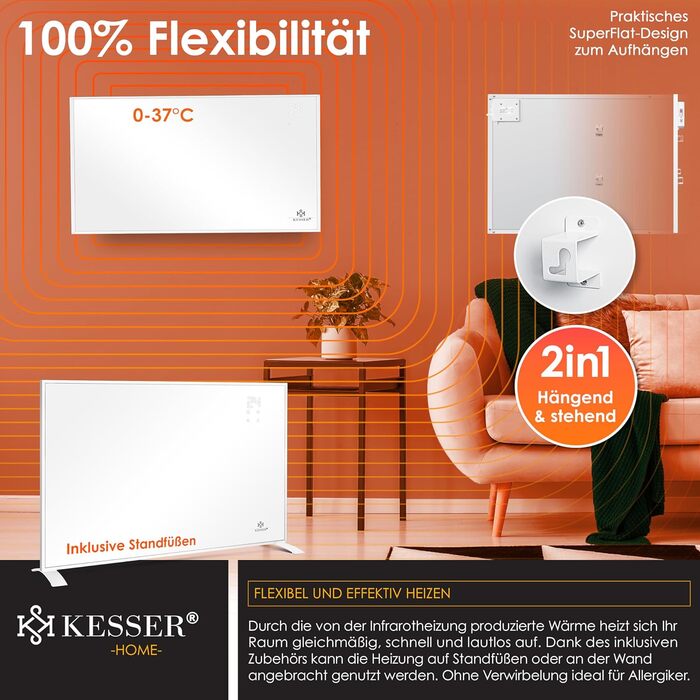 KESSER® Infrared Heater - Energy-Saving Infrared Standing Unit & Wall Mounting Electric Heater 540W with Remote Control, Thermostat & App Control Electric Heating Panel Heater Convector Standing Feet 540W White