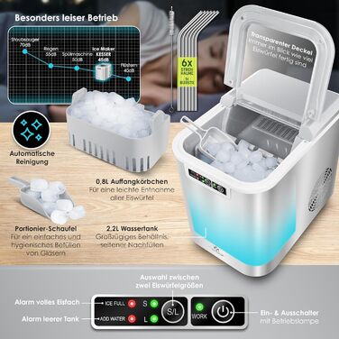 Машина для приготування льоду KESSER® з нержавіючої сталі, 12 кг/24 год, 2,2 л резервуар, LED-дисплей, самоочищення