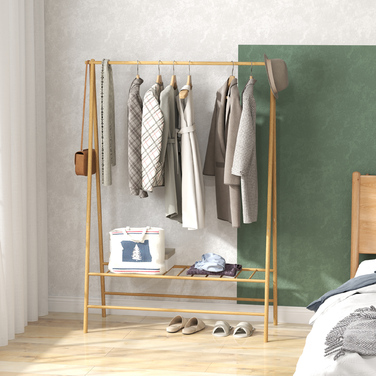 HOMCOM Bamboo Wardrobe Rack, Clothes Rack with Shelves and Hooks, Clothes Rail, for Entrance Hall, Living Room, Bedroom, 116 x 43.5 x 160 cm, Natural Wood | Aosom