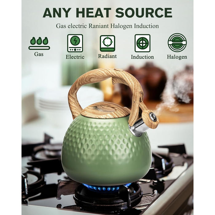 Чайник для заварювання чаю Teekessel 2,7 л з емальованим покриттям зеленого кольору з імітацією дерева, з носиком, з нержавіючої сталі, антижаровий ручка оливкового кольору