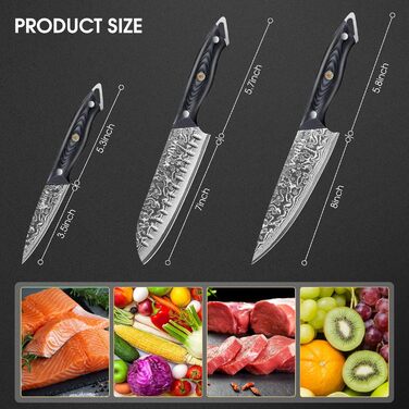 Ніж кухарський MOSFiATA Дамаск 8 дюймів - Японський кухонний ніж з дамаської сталі з набором (3 шт.)