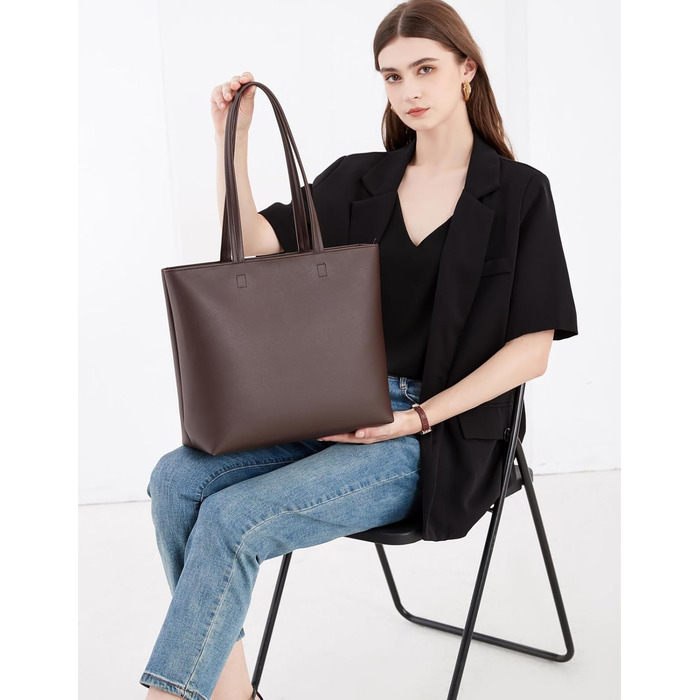 Жіноча сумка-шопер Tote Bag з PU шкіри для роботи, школи, покупок, застібка-блискавка, внутрішні кишені (Коричнева)