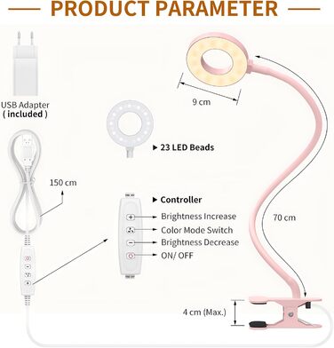 iZELL LED лампа для читання з гнуким шийним кріпленням - 10 рівнів яскравості, 3 режими, USB-зарядка, рожева (70см)