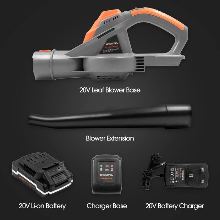 Terratek Leaf Blower, cordless, 20 V, 1 hour, fast charging, handheld leaf blower, powerful, lightweight, cordless leaf blower, garden blower with 1 x battery and charger included