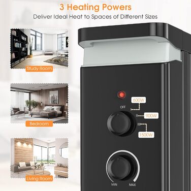 RELAX4LIFE Oil Radiator 1500W, Electric Heater with 7 Fins & 3 Heat Settings & Towel Rail, Electric Heater Energy-Saving, Electric Heater Overheat Protection & Tip-Over Protection, 5-35° C (Black)