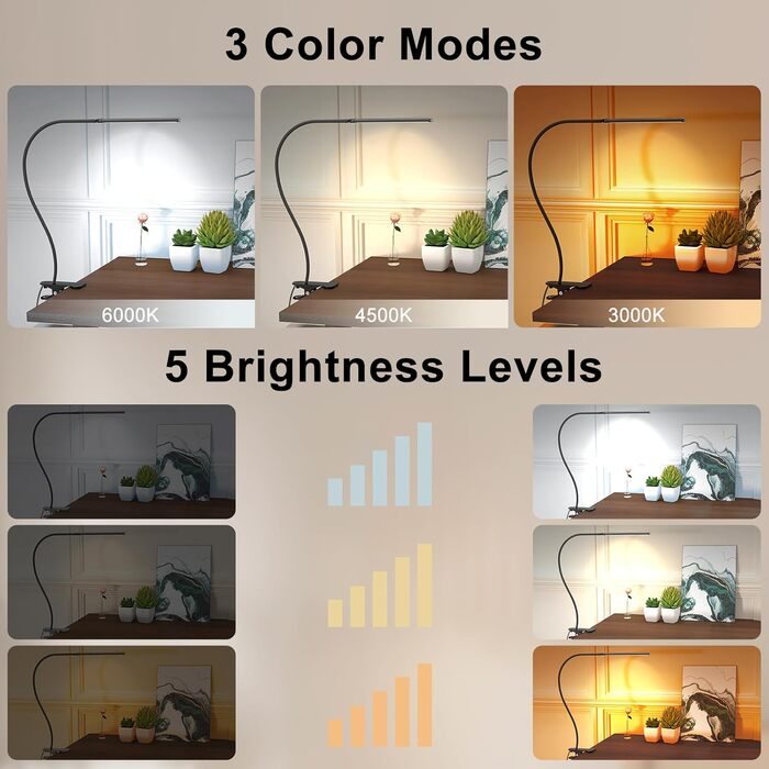 Лампа настільна LED Mojimdo 77 з пультом, 40 см, 3 кольори, 5 рівнів яскравості, гнучкий поворот 360°, USB-зарядка, чорна (70 см висота)