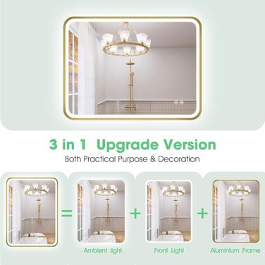 Дзеркало для ванної кімнати S'bagno з підсвічуванням 100x70 см, алюмінієва рама, антизапарник, 3000-6500K, пам'ять, IP44, горизонтальне/вертикальне, чорне