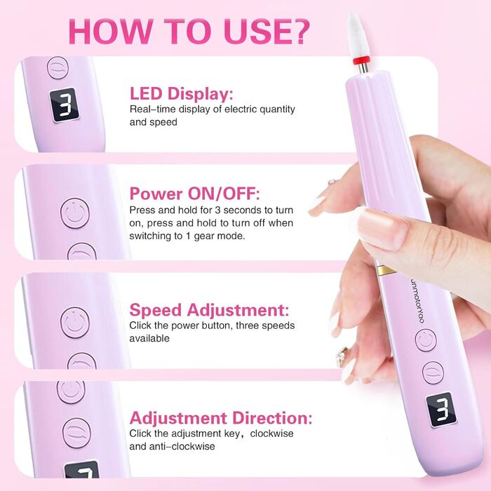 Професійний електричний фрезер для нігтів 12 в 1 з USB-зарядкою, 20000 RPM, для манікюру та педикюру, фіолетовий