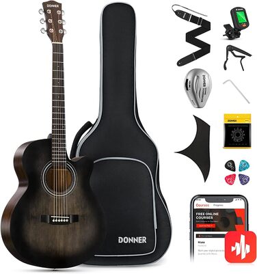 Акустична гітара Donner для дорослих та початківців, 4/4, Mini Jumbo, Cutaway, з підсилювачем, 6 сталевих струн, чорна