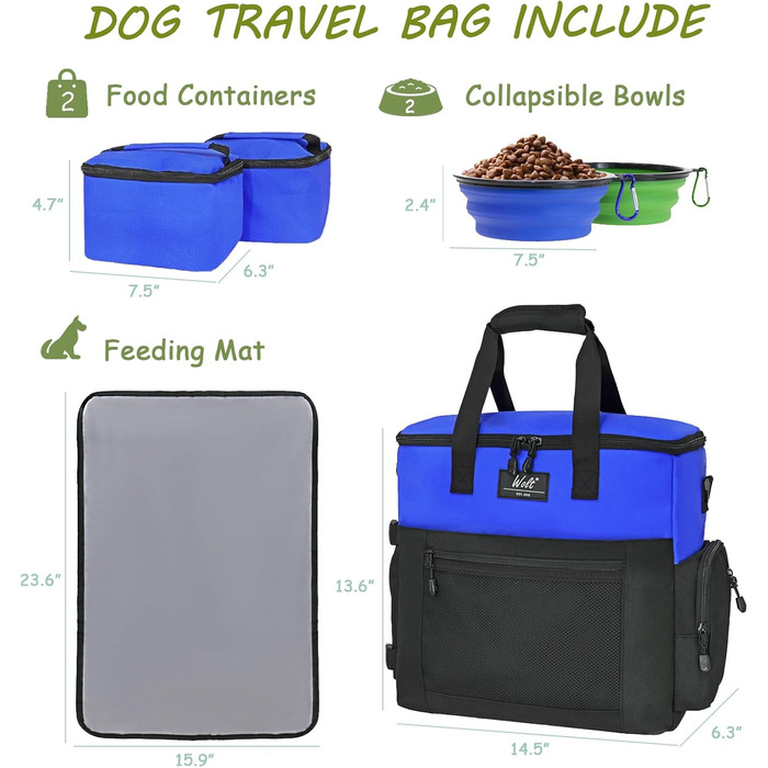 Сумка для собак Wolt: подорожі та аксесуари. З двома складними мисками, 2 контейнерами для корму та підставкою (Блакитна)