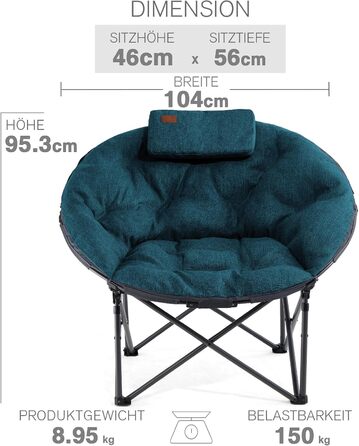 Крісло-місяць EVER ADVANCED Luxus XXL для кемпінгу, складне, до 150 кг, зелене. З подушкою, для саду, балкону, приміщення.
