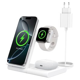 Зарядна станція 3-в-1 для Apple Watch та iPhone (17/16/15/14/13/12/11 Pro/Max/Plus), Apple Watch Ultra 3/11/10/9/8/7/6/SE 3, AirPods 4/3/2/Pro 3 - Біла