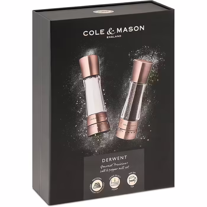 Cole & Mason Derwent Copper Salt and Pepper Grinder, Spice Grinder, 2-Piece Set, Manual with Adjustable Ceramic Grinder, Stainless Steel/Acrylic, 190mm, Precision+, Gift Set