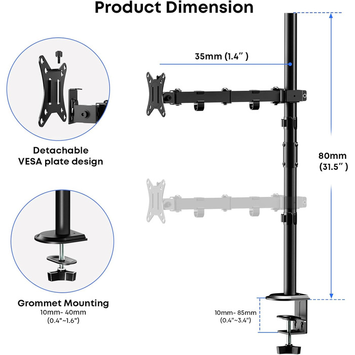 Кріплення для монітора PUTORSEN 80 см, для екранів 13-35 дюймів, регульоване, настільний кріплення, VESA 75x75/100x100 мм
