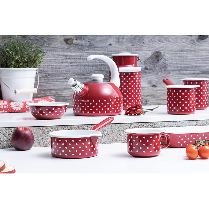 Riess, 0543-077, Whistling Kettle Plus, COUNTRY - DOT RED, Diameter 18 cm, Height 21.7 cm, Capacity 2 liters, Enamel, red, Induction 2 liters Red/White
