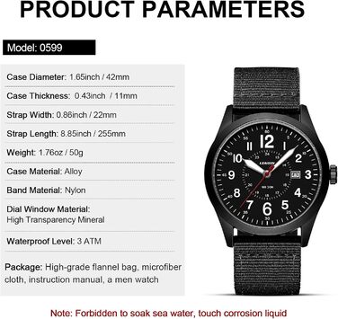 Годинник чоловічий LN LENQIN Military 30M водостійкий, кварцовий годинник з датою, тактичний годинник з нейлоновим ремінцем, чорний