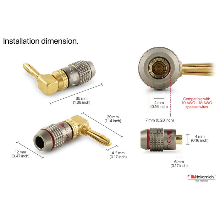 Бананові конектори Nakamichi FanLock Excel-Serie, позолочені правокутні роз'єми для акустичних кабелів Hi-Fi та домашнього кінотеатру, 10-18 AWG, 4 мм, 4 шт (2 пари)