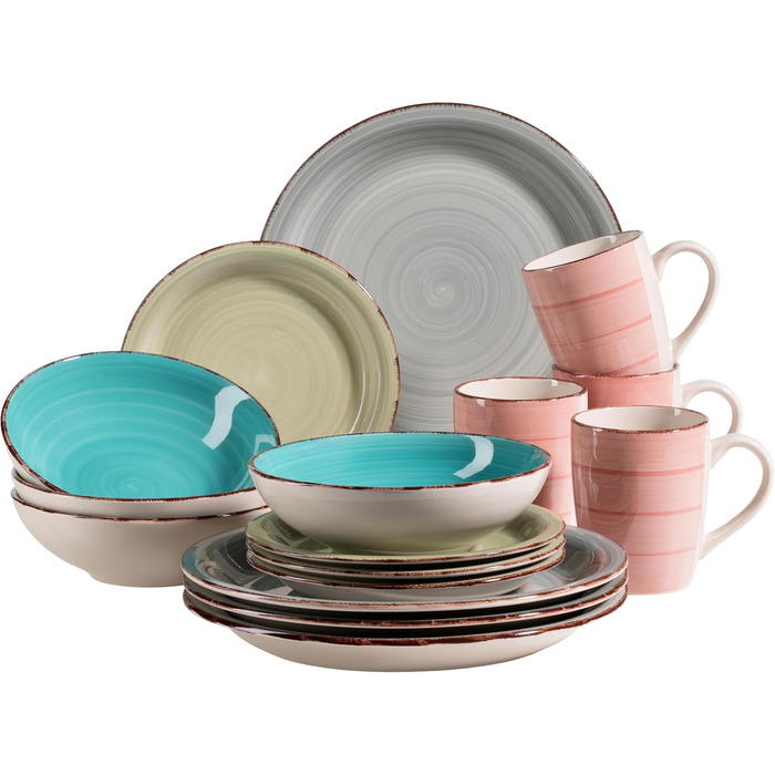 MÄSER Bel Tempo II: Набір посуду вінтажний, 16 предметів (для 4 осіб), ручне розпису, кераміка, зелено-блакитний
