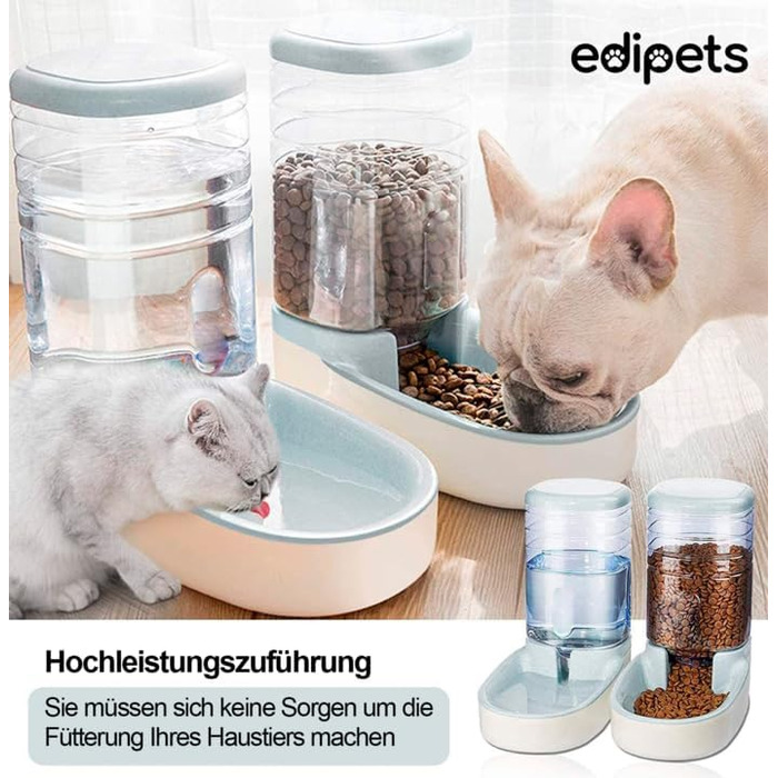 Edipets Automatic Pet Feeder & Water Dispenser - 2 Vessels, 3.8L - Cat & Dog Food & Water Bowl (Gray)