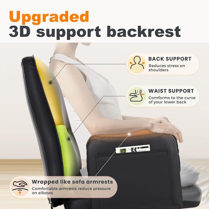 Офісний крісло IWMH з PU шкіри, ергономічне, регульоване, з підлокітниками та реклінером (90-135°), чорне