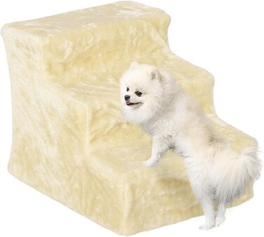 PawHut 4-Step Dog Stairs, 35 cm Cat Stairs for Bed and Sofa, Pet Stairs for Dogs and Cats up to 5 kg, Plush Appearance (46L x 35W x 35H cm, Beige)