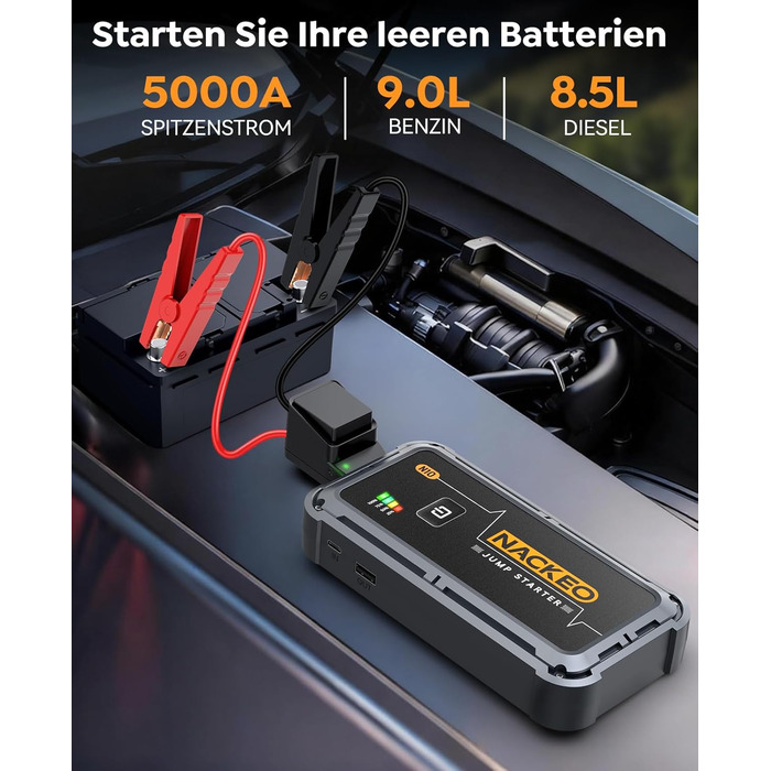 Портативний акумулятор Starthilfe для автомобіля, 12V, бустер для запуску двигуна (бензин до 10L, дизель), з кабелями та LED ліхтариком, для SUV, вантажівок, мотоциклів (5000A)