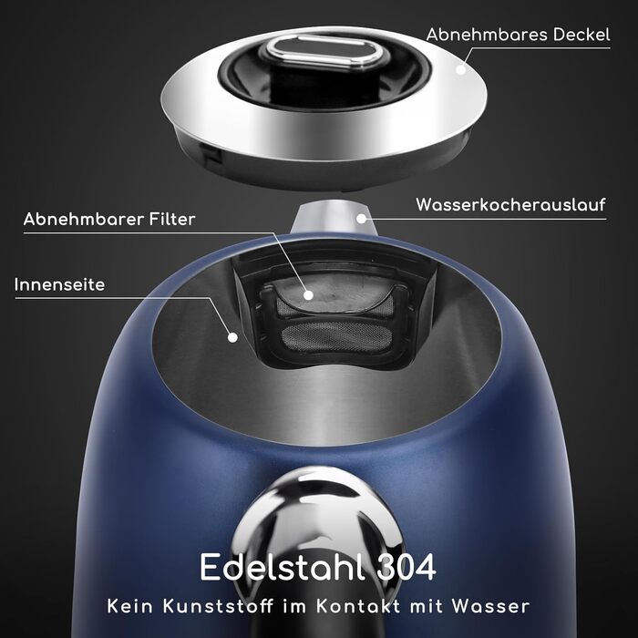 Електричний чайник Aigostar з регулюванням температури, 1,7 л, ретро-дизайн, матове покриття, цифровий дисплей, функція підтримки тепла, без пластику всередині, BPA-free (темно-синій)