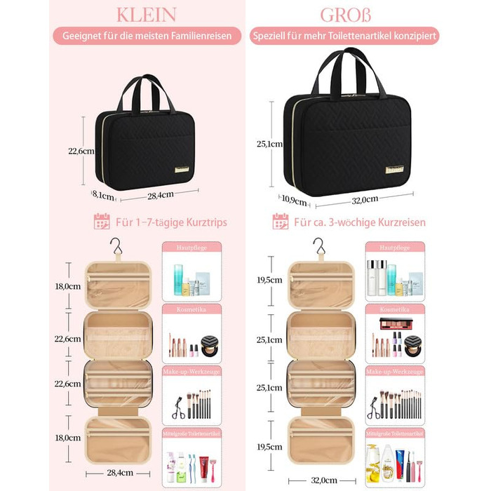 Водонепроникна косметичка для жінок HOTORKulturtasche з гачком – містка дорожня косметичка для подорожей, 29.0 x 23.0 x 8.5 см, чорна