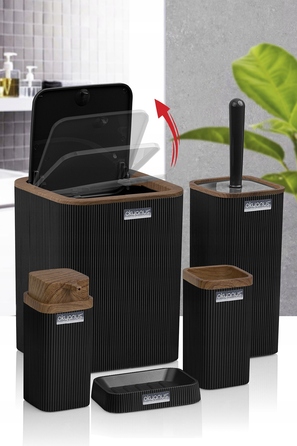 Набір аксесуарів для ванної кімнати Stella, 5 предметів, чорний з дерев'яним оздобленням