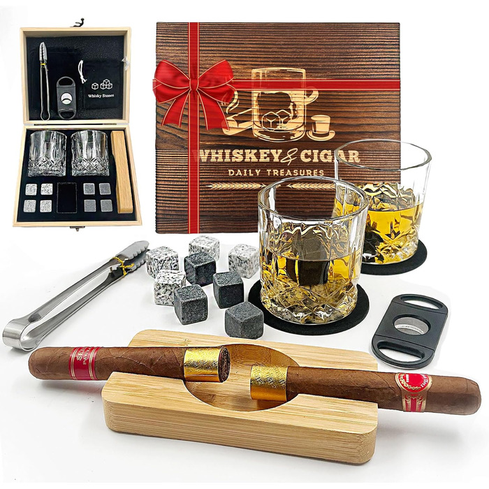 Набір для віскі Daily Treasures: келихи, камені та аксесуари (дерев'яний попільничка, різьблений ніж), подарунковий набір для чоловіків, на День батька