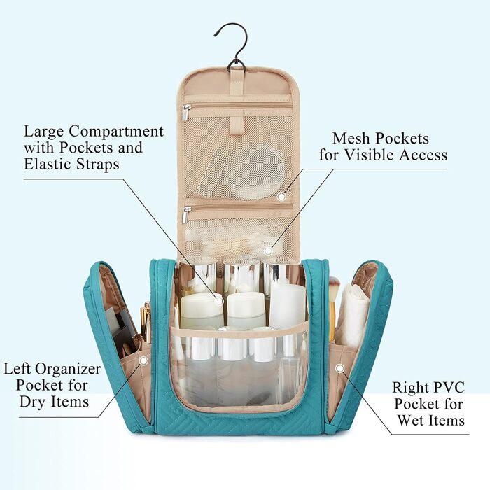 Women's Toiletry Bag, BAGSMART Travel Toiletry Organizer with Hanging Hook, Waterproof Cosmetic Makeup Bags Travel Organizer for Shampoo, Full Size Containers, Toiletries, Black L Black