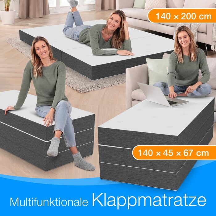Складаний ортопедичний матрац ELONEO Premium Visco 140x200x15 см, для гостей, високий, знімний чохол, гіпоалергенний, сіро-білий