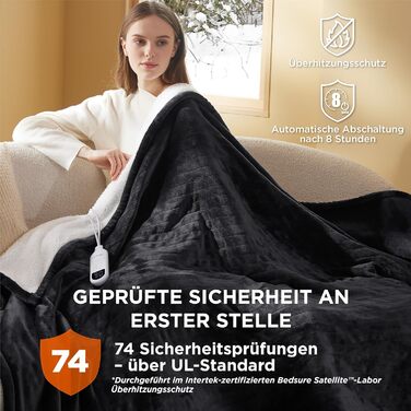 Електрична ковдра BEDSURE з автовимкненням, 130x180 см, сіра (180 x 200 см, чорна)