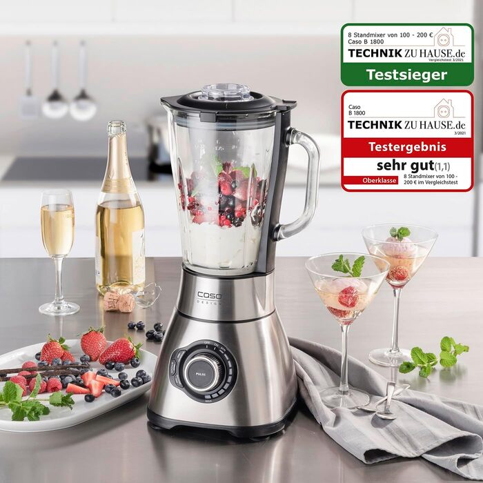 CASE B 1800 PowerBlender Set - Stand Mixer, 28,000 RPM, 1.75 L Glass Container, incl. Drinking Bottle and Chopper, Mixer Test Winner with Very Good Rating, Stainless Steel Stand Mixer + Accessories