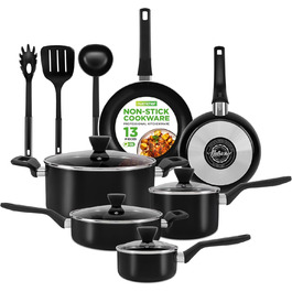 NutriChef 13-Piece Cookware Set | Non-Stick Cookware Set with Lids | Induction Pots and Pans Set for Gas, Electric & Ceramic Cooktops | PFOA-Free | Pots & Pans for Healthy Cooking Black