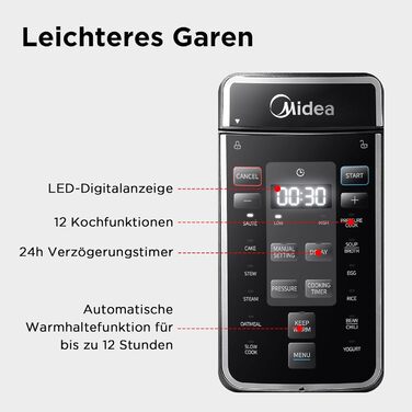 Електричний мультиварка-скороварка Midea 9-в-1, 8 л, 12 програм, антипригарний йогуртниця, рисоварка, повільне приготування, пароварка, нержавіюча сталь, чорна