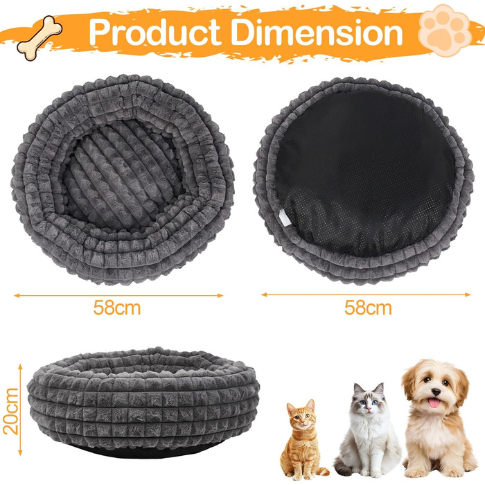 Кішечкове ліжко XIAPIA з м'якого плюшу 58x20 см, зручне та тепле місце для відпочинку котів та маленьких собак, ортопедичне ліжко з неслизьким дном, сірий колір