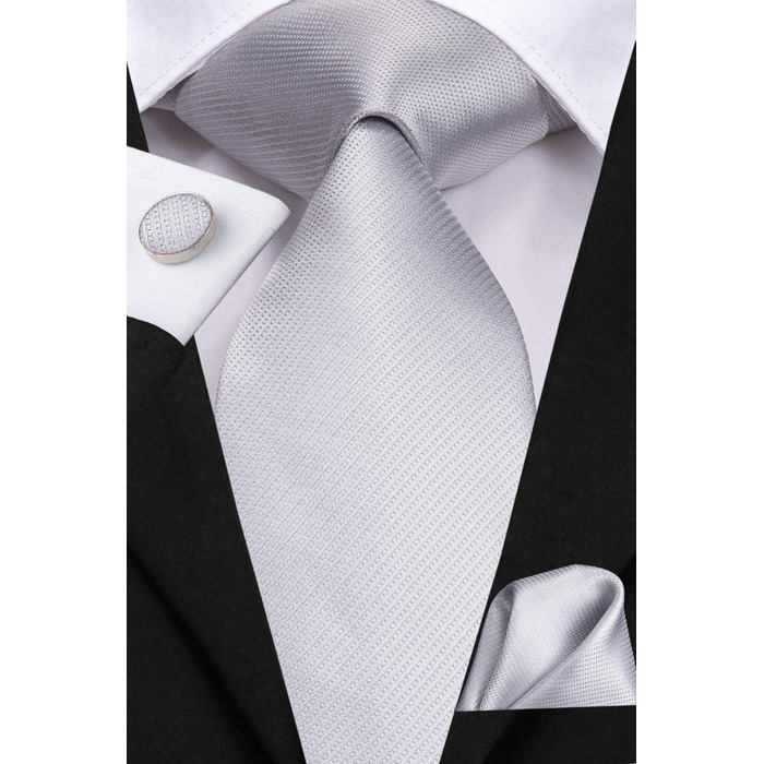 Набір краватка, нагрудна хустинка, запонки та латунний шпилька Hi-Tie для весілля та ділових зустрічей, жаккардовий шовк, сріблястий