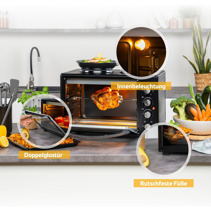Міні-піч TZS First Austria 45L з плитами 3200W - піч для піци з антипригарним покриттям та 4 рівнями для запікання