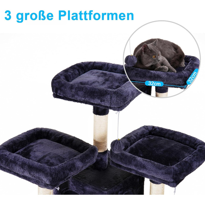 Великий котячий будиночок Kratzbaum, 180 см XXL, стабільний з мотузкою з сизалю, велика царапальня, кошик, 3 платформи та 2 будиночки, сірий, EMPJ034G