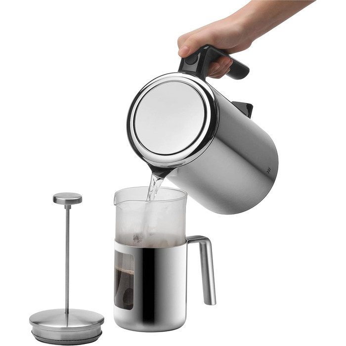 WMF Kult Coffee Press 1l, French Press, Coffee Maker for 6 Cups, Glass, Brushed Cromargan Stainless Steel, Dishwasher Safe