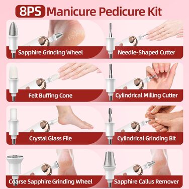 Електричний набір для манікюру та педикюру з USB-зарядкою, 8 насадок, LED-підсвічування, для догляду за руками та ногами (білий, рожеве золото)