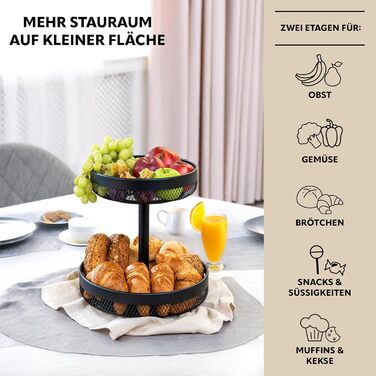 Двоярусна кругла фруктова тарілка Eluno / Корзина для хліба, металева, чорна | Для кухні та вітальні